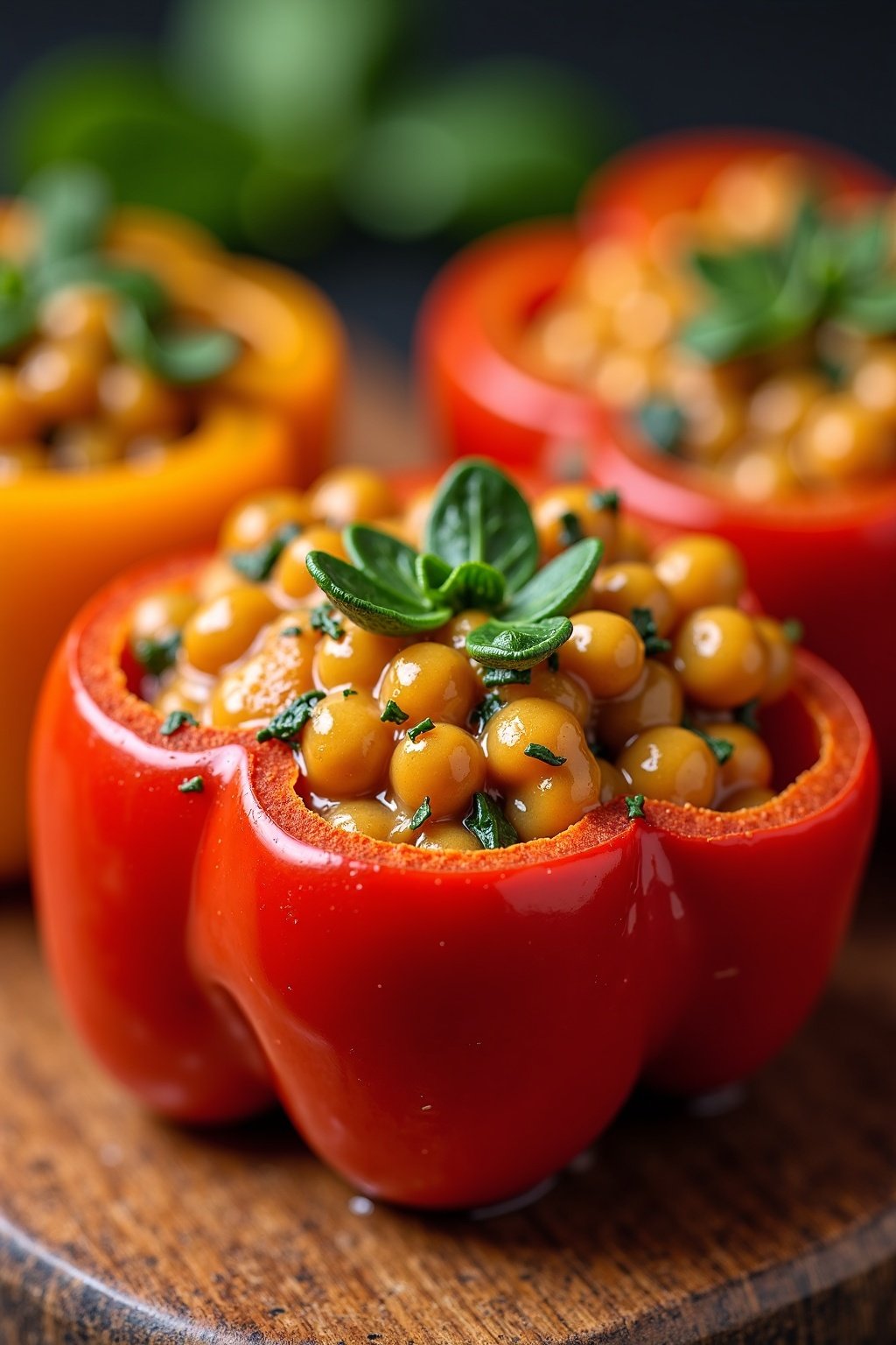 Chickpea and spinach stuffed bell peppers cross-section, detailed texture