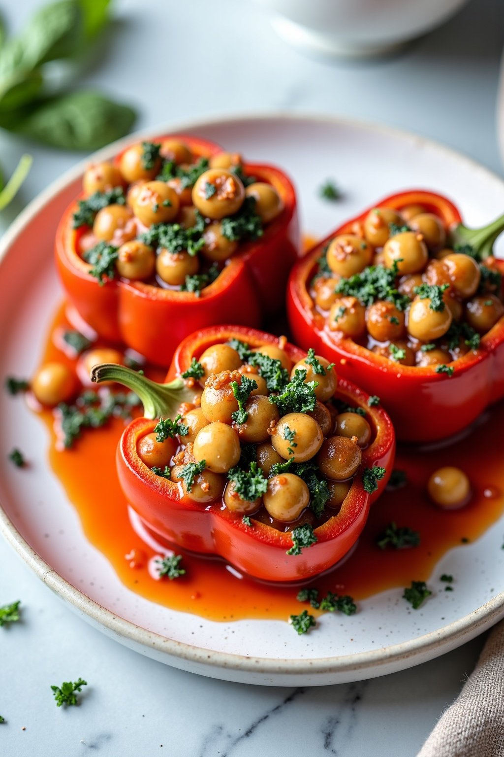 Chickpea and spinach stuffed bell peppers on ceramic dish, vibrant colors