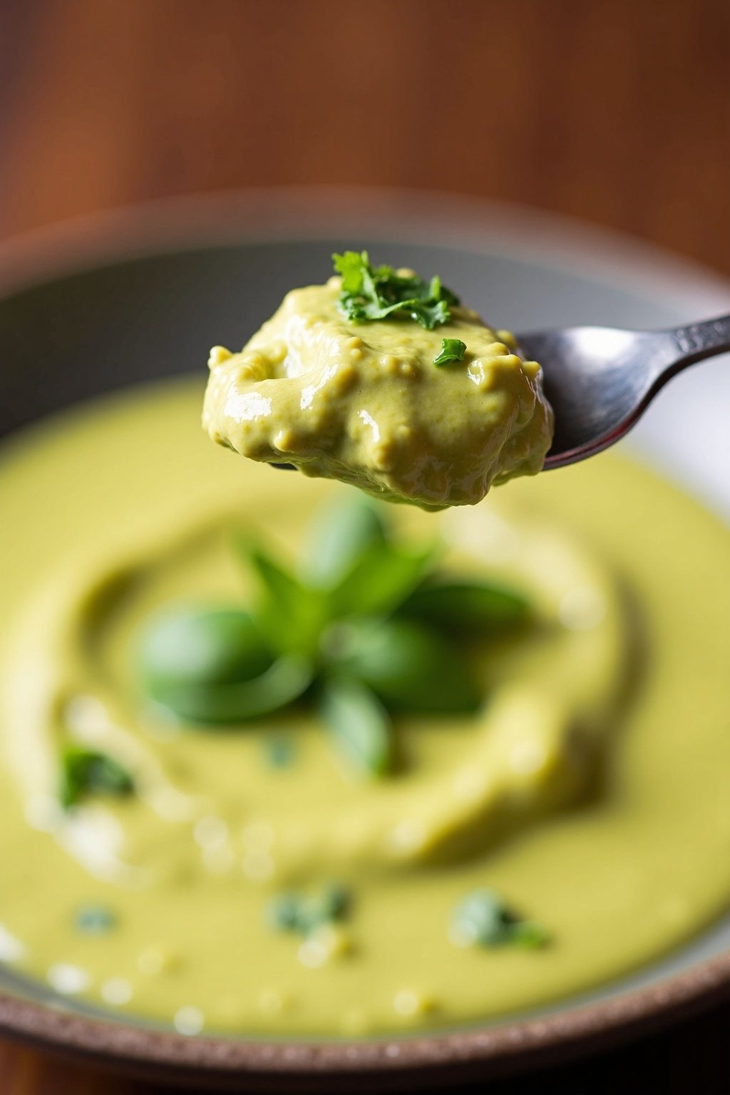 creamy avocado and basil pesto dip perfect bite on a fork