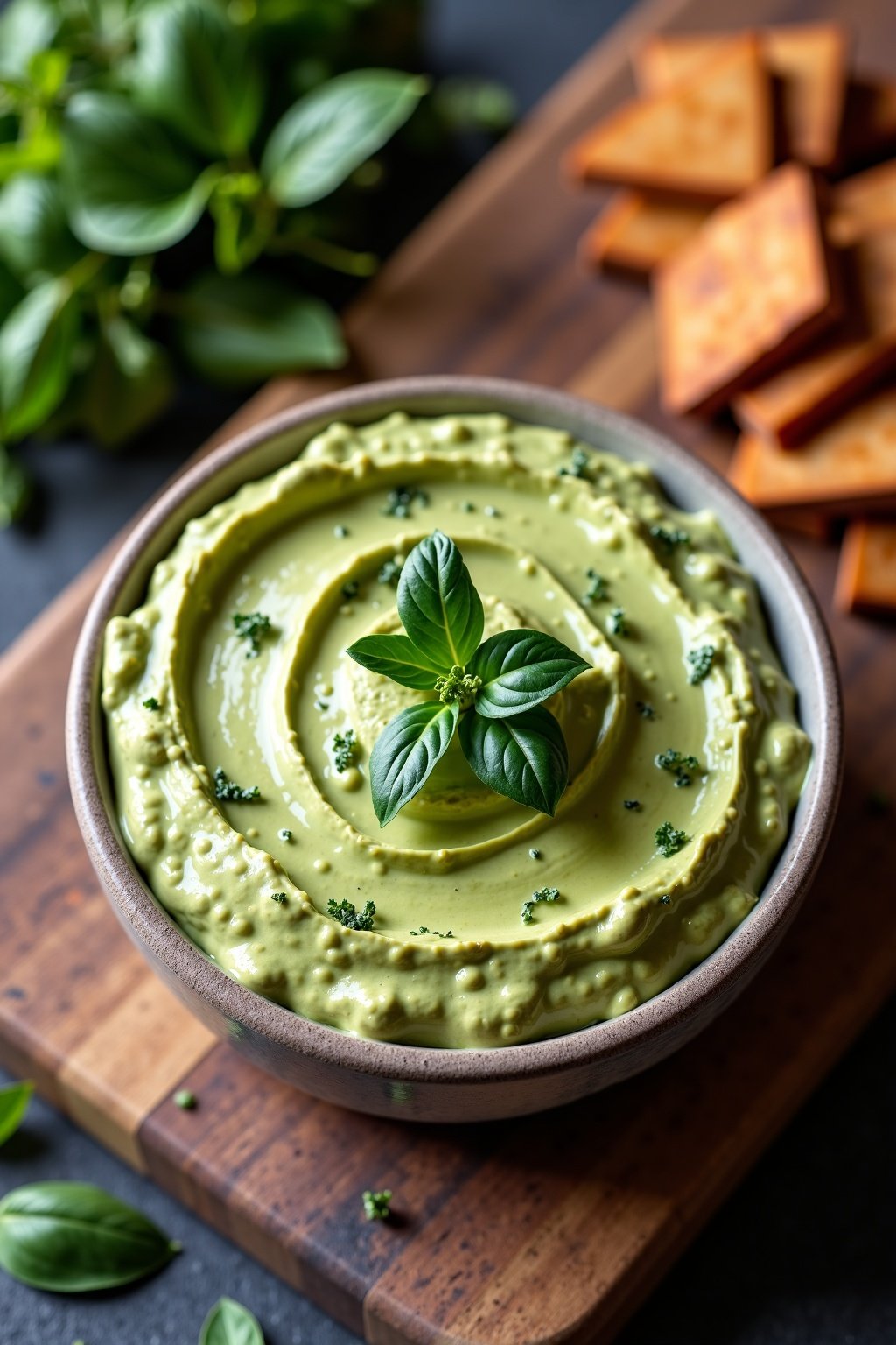 creamy avocado and basil pesto dip on rustic plate with herbs