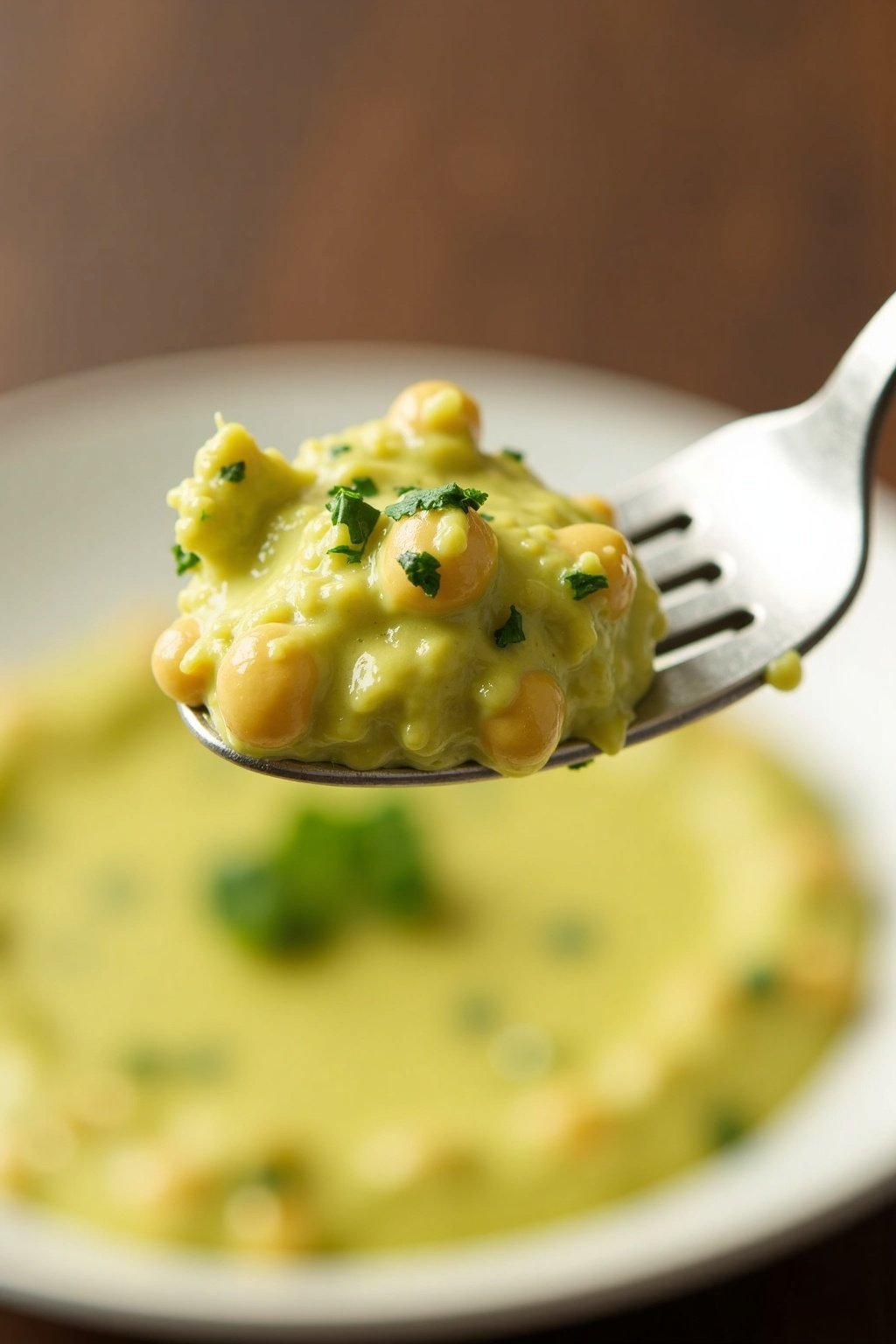 Creamy avocado and chickpea dip with fresh herbs perfect bite on a fork, max 125 chars