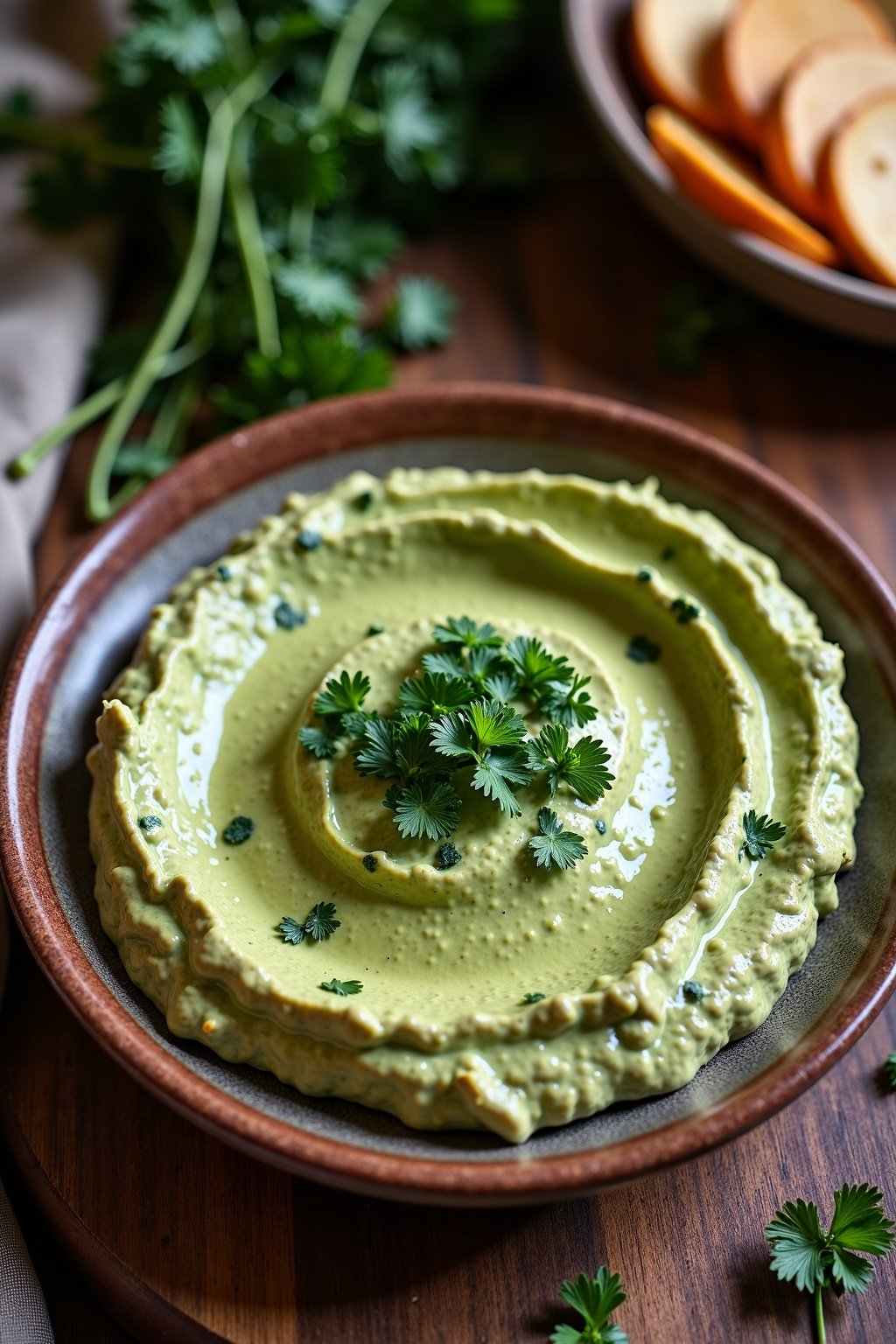 Creamy avocado and chickpea dip with fresh herbs on ceramic plate, max 125 chars