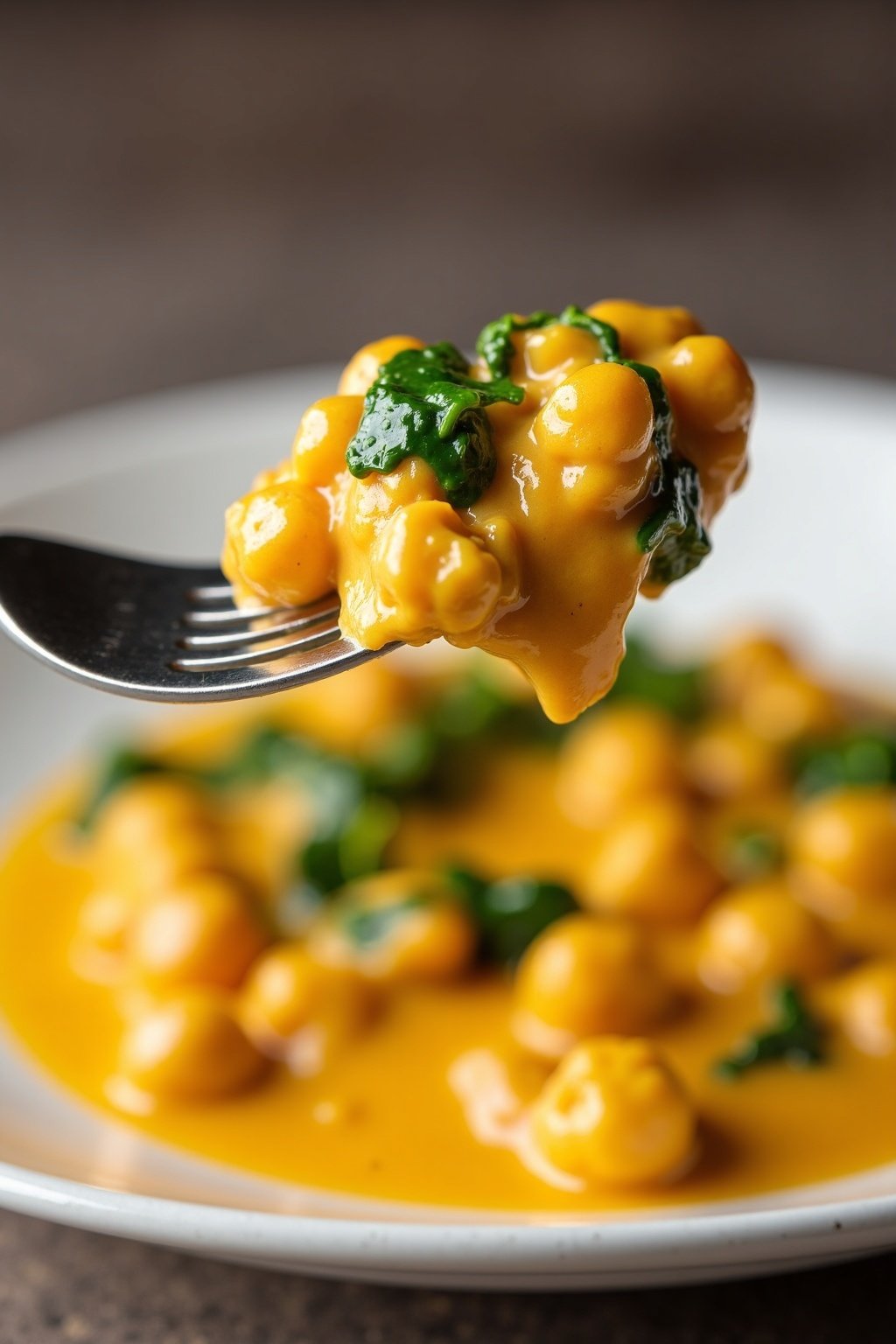 creamy coconut curry with chickpeas and spinach perfect bite on a fork, max 125 chars