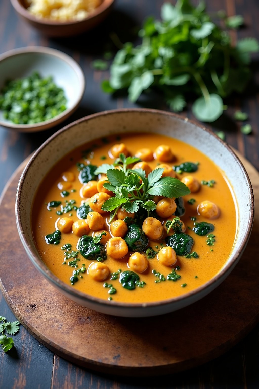 creamy coconut curry with chickpeas and spinach on ceramic plate, max 125 chars