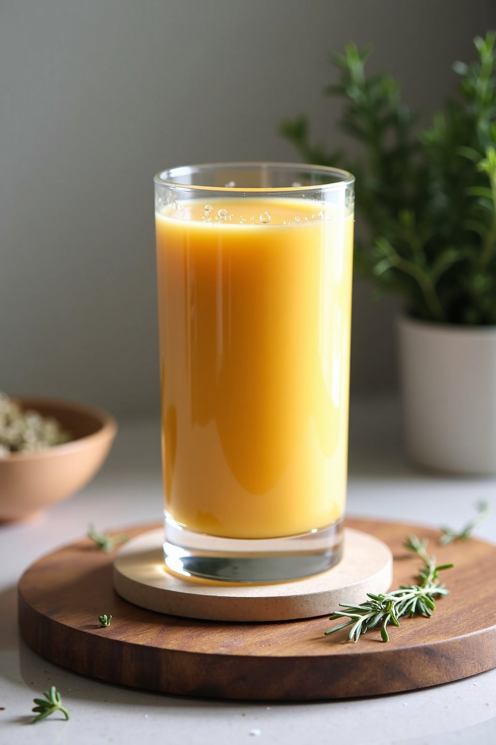 creamy mango and coconut smoothie bowl recipe in a clear glass on a wooden board