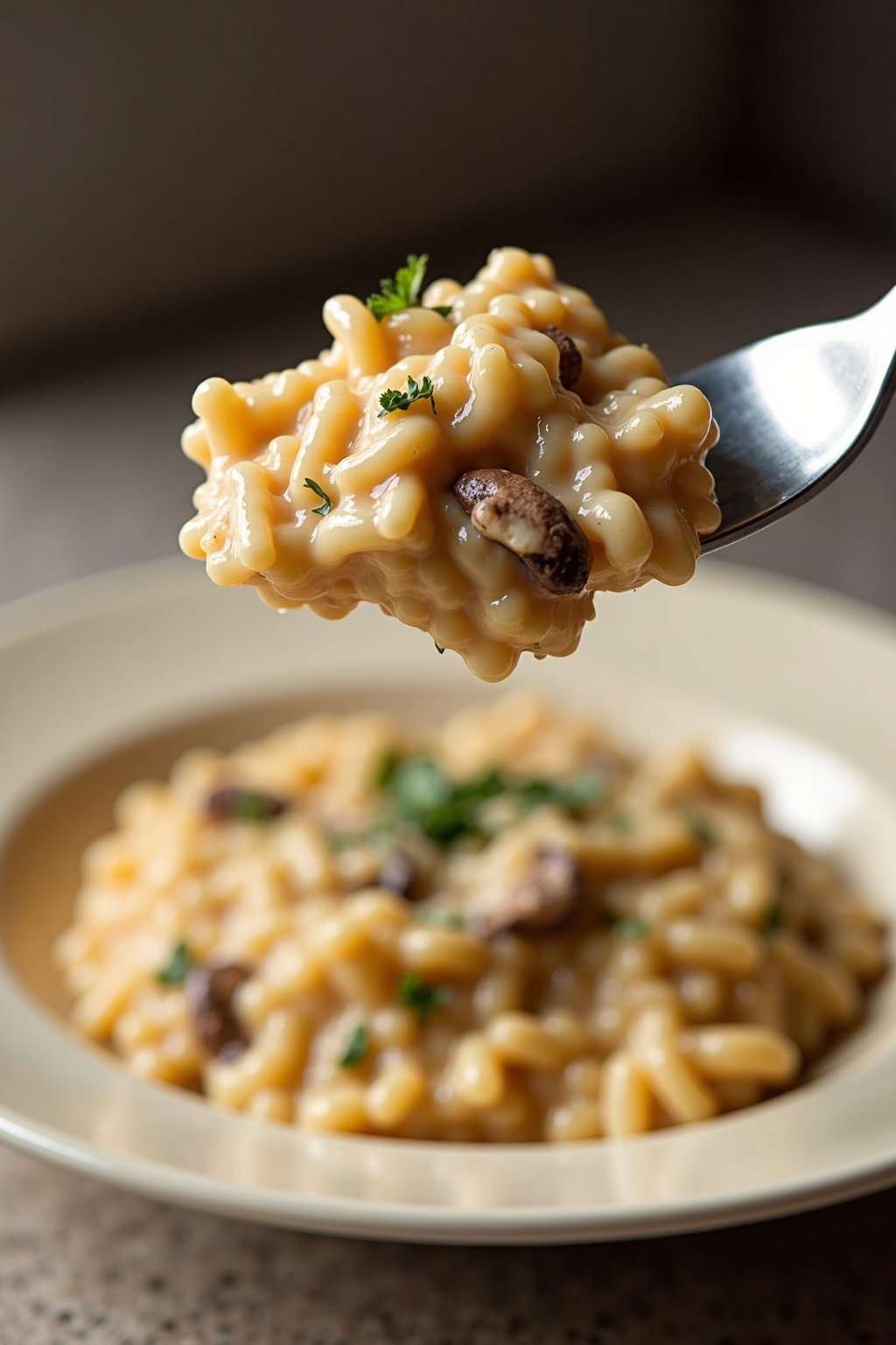 Creamy mushroom risotto with parmesan perfect bite on a fork