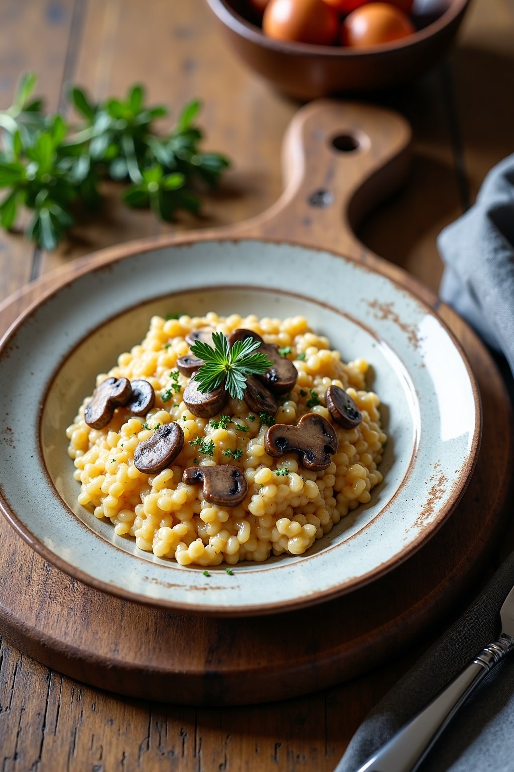 Creamy mushroom risotto with parmesan on rustic plate with herbs