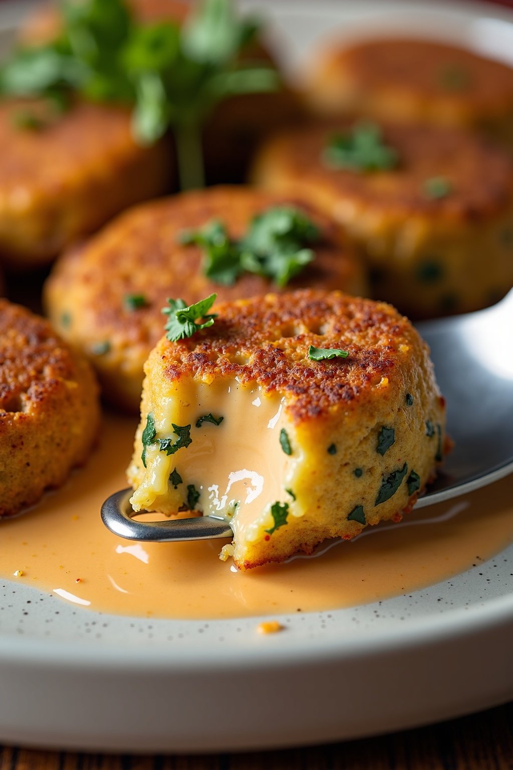 crispy baked falafel with tahini dressing close-up detail, glistening sauce