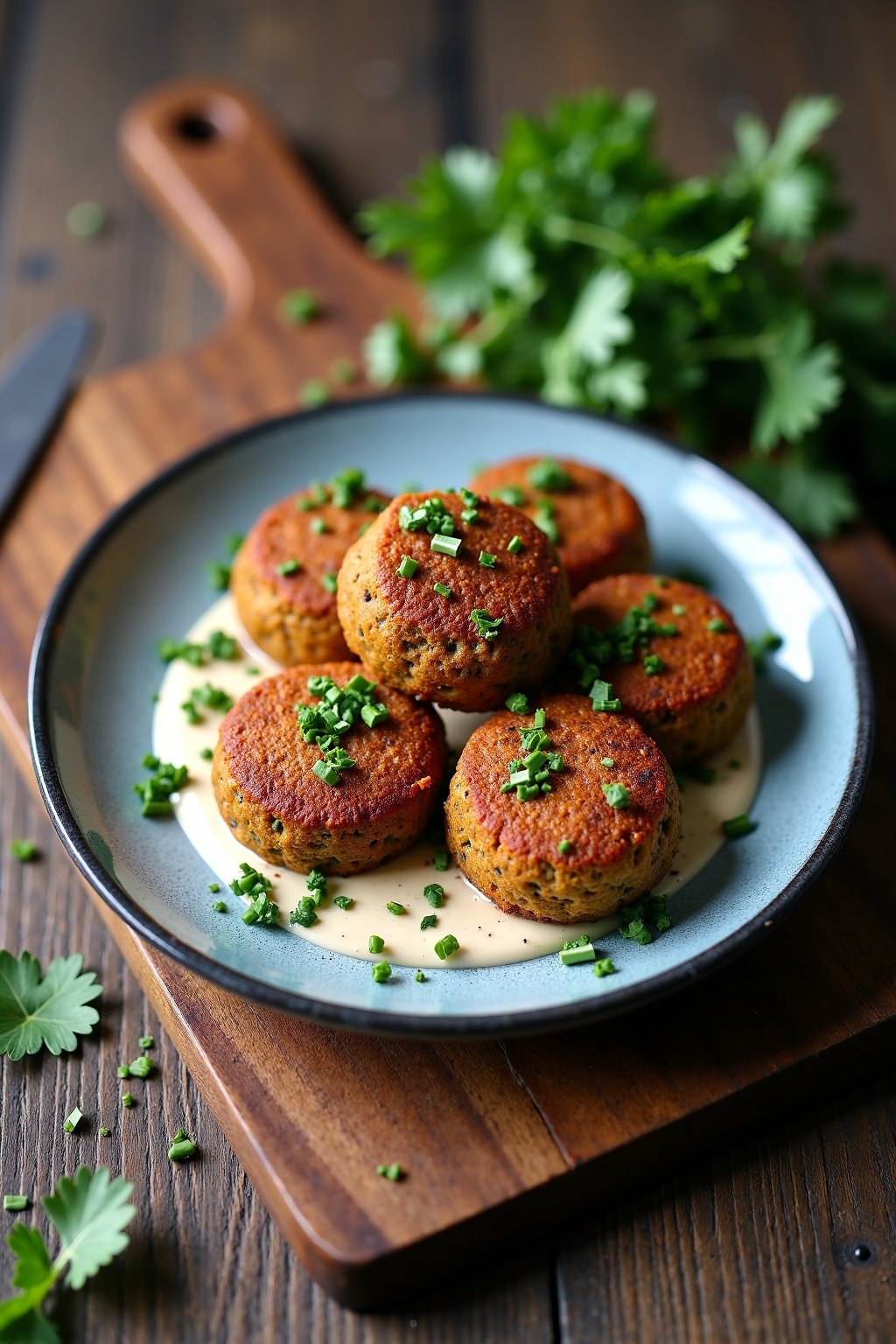 crispy baked falafel with tahini dressing on ceramic plate, fresh herbs