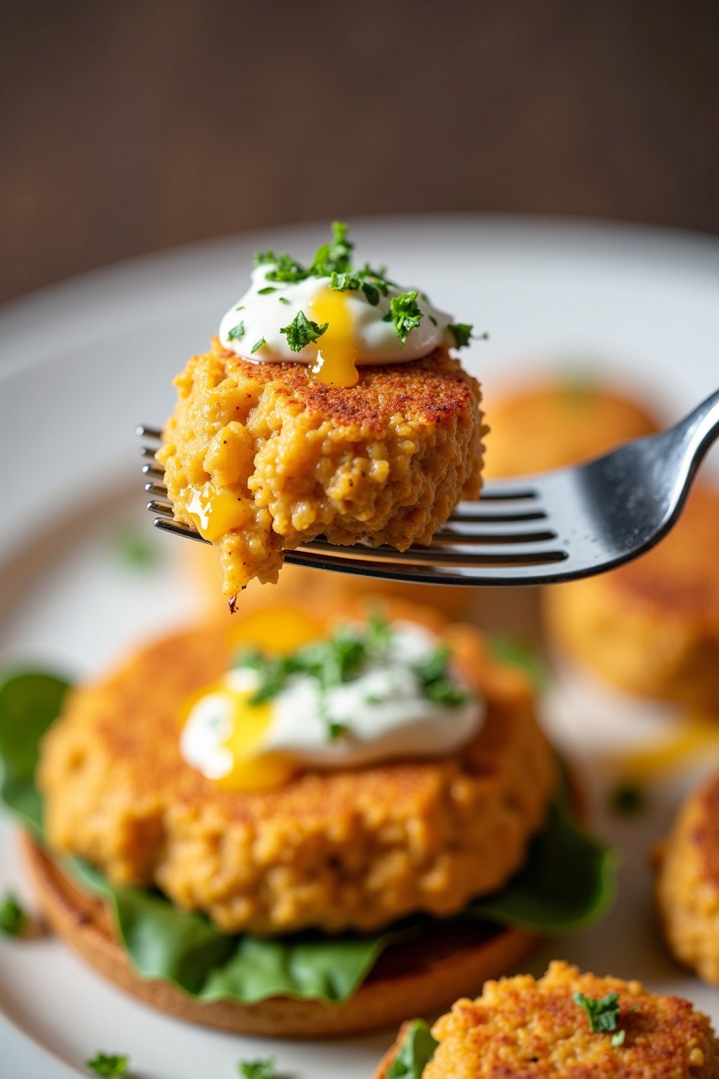 Crispy chickpea burgers with tzatziki perfect bite on a fork