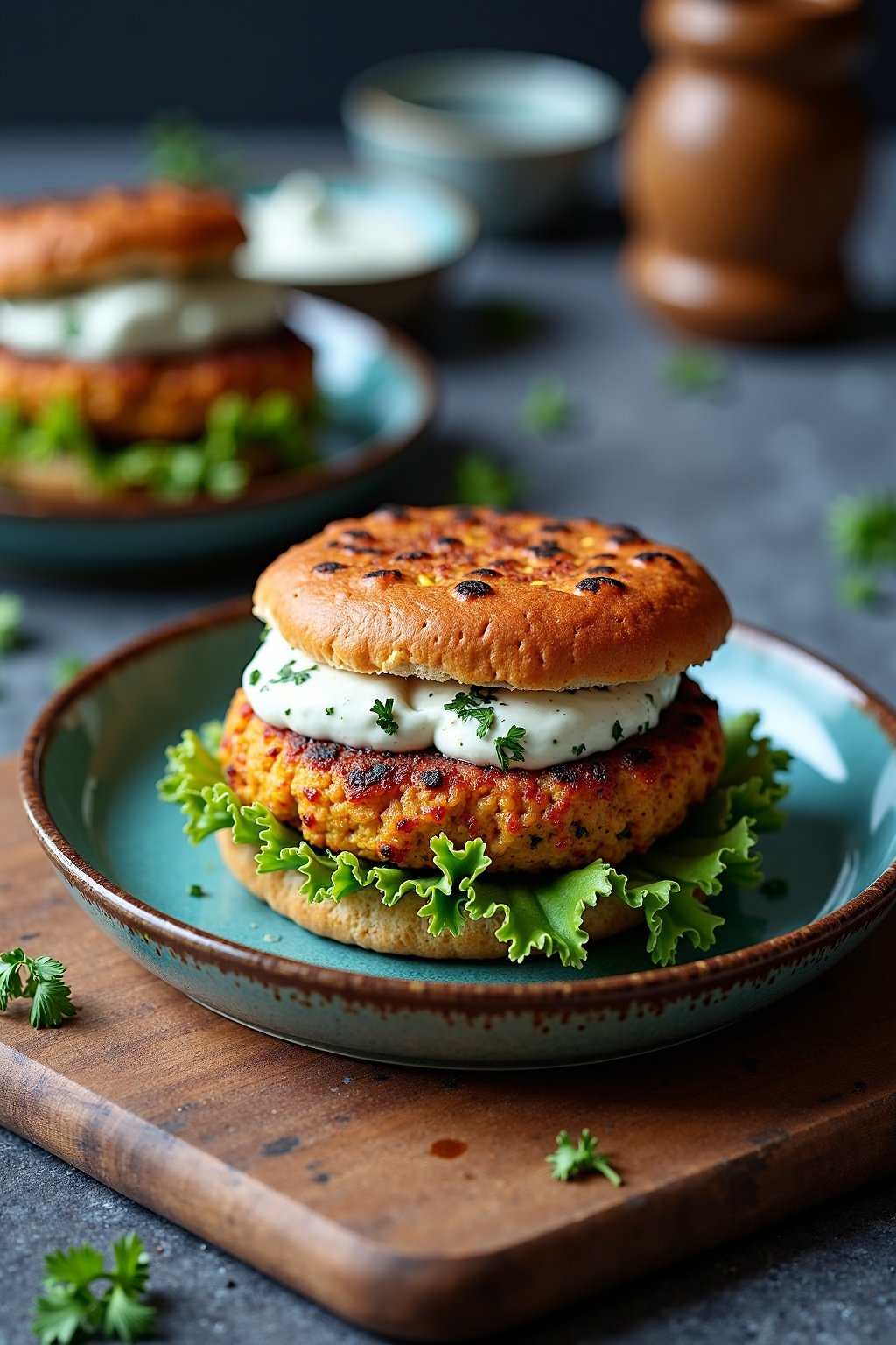 Crispy chickpea burgers with tzatziki on rustic plate, fresh herbs