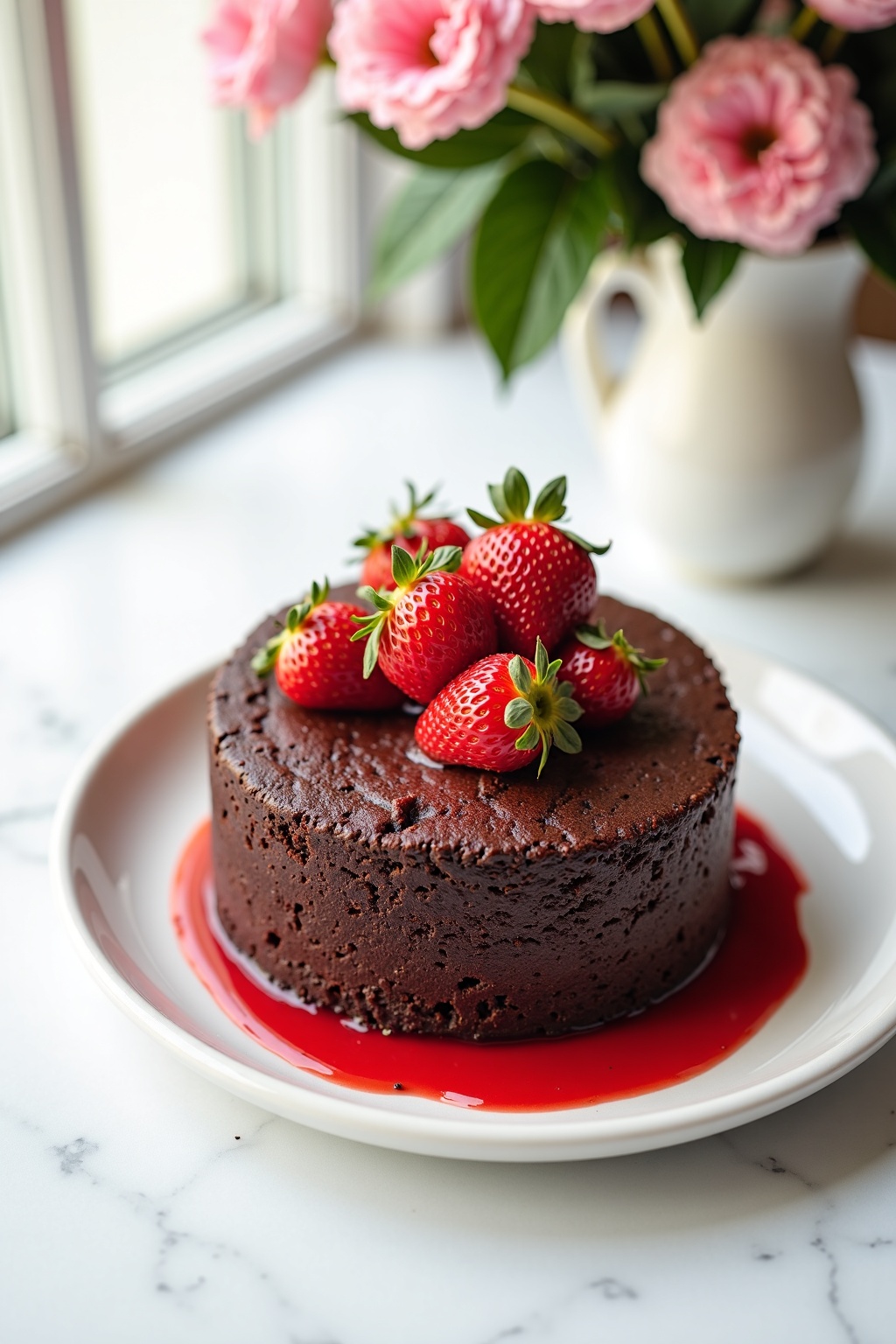 Decadent Chocolate Cake for Mother's Day Brunch on white marble surface