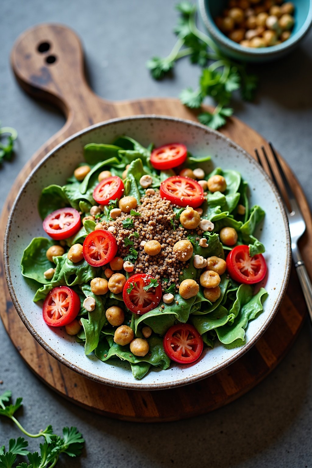 Easy Summer salads on rustic ceramic plate with fresh herbs