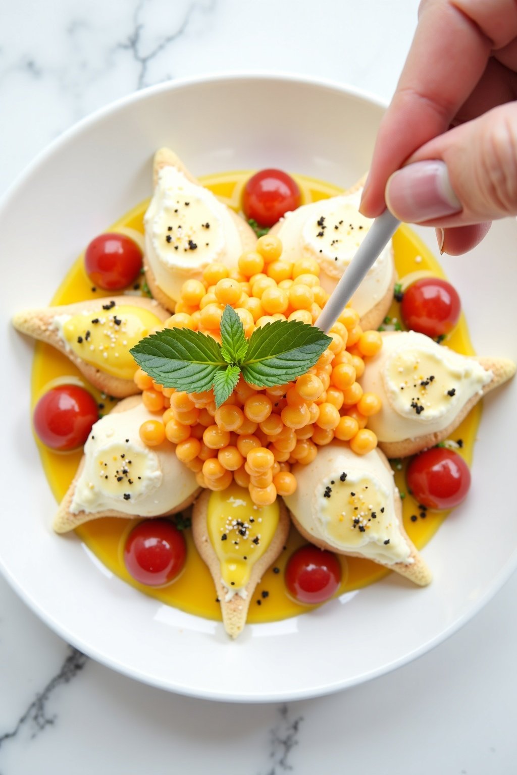 Elegant Mother's Day Brunch Ideas complete dish on white marble, bright daylight