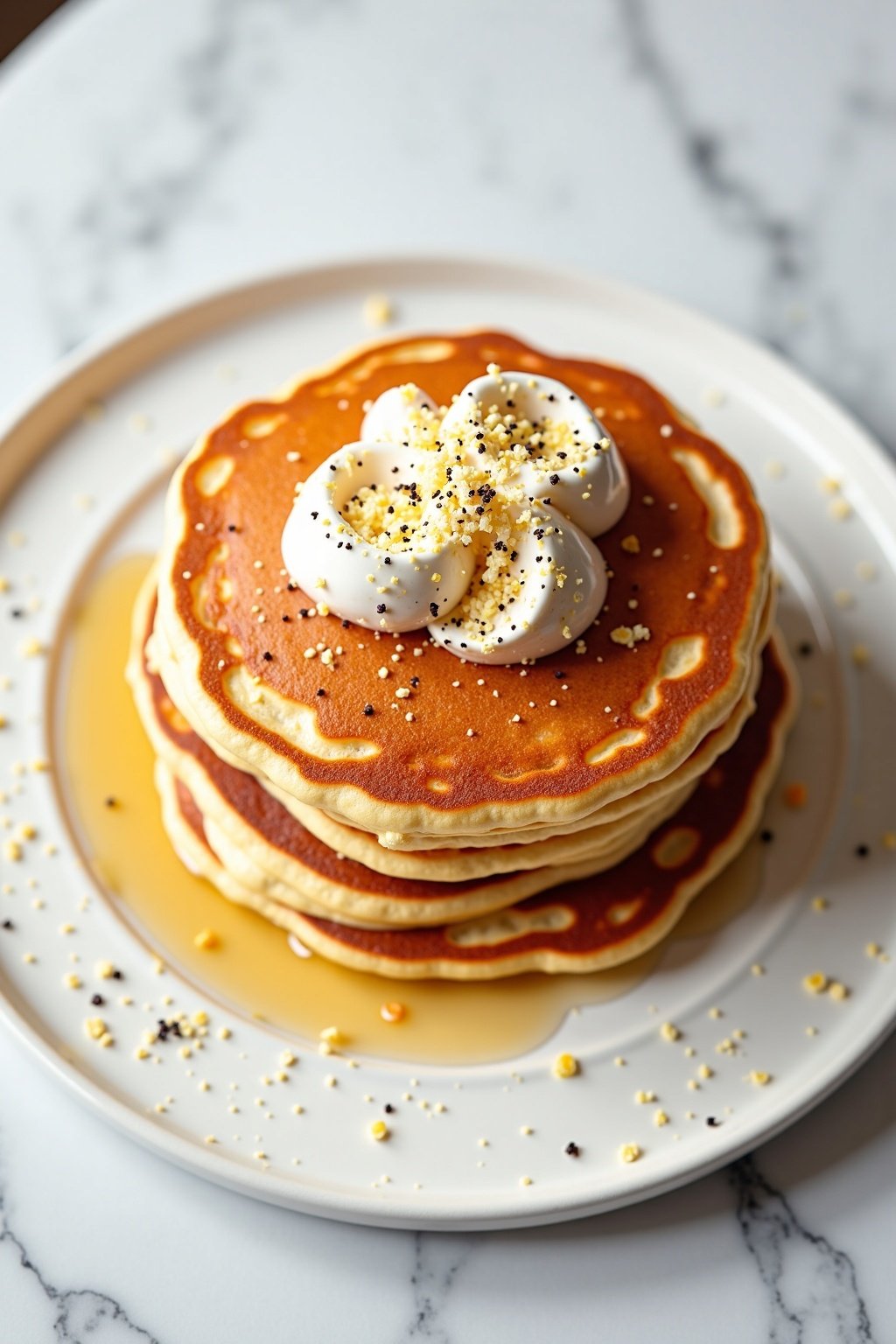 Elegant Mother's Day Pancake Brunch Recipe beautifully plated on a white marble surface