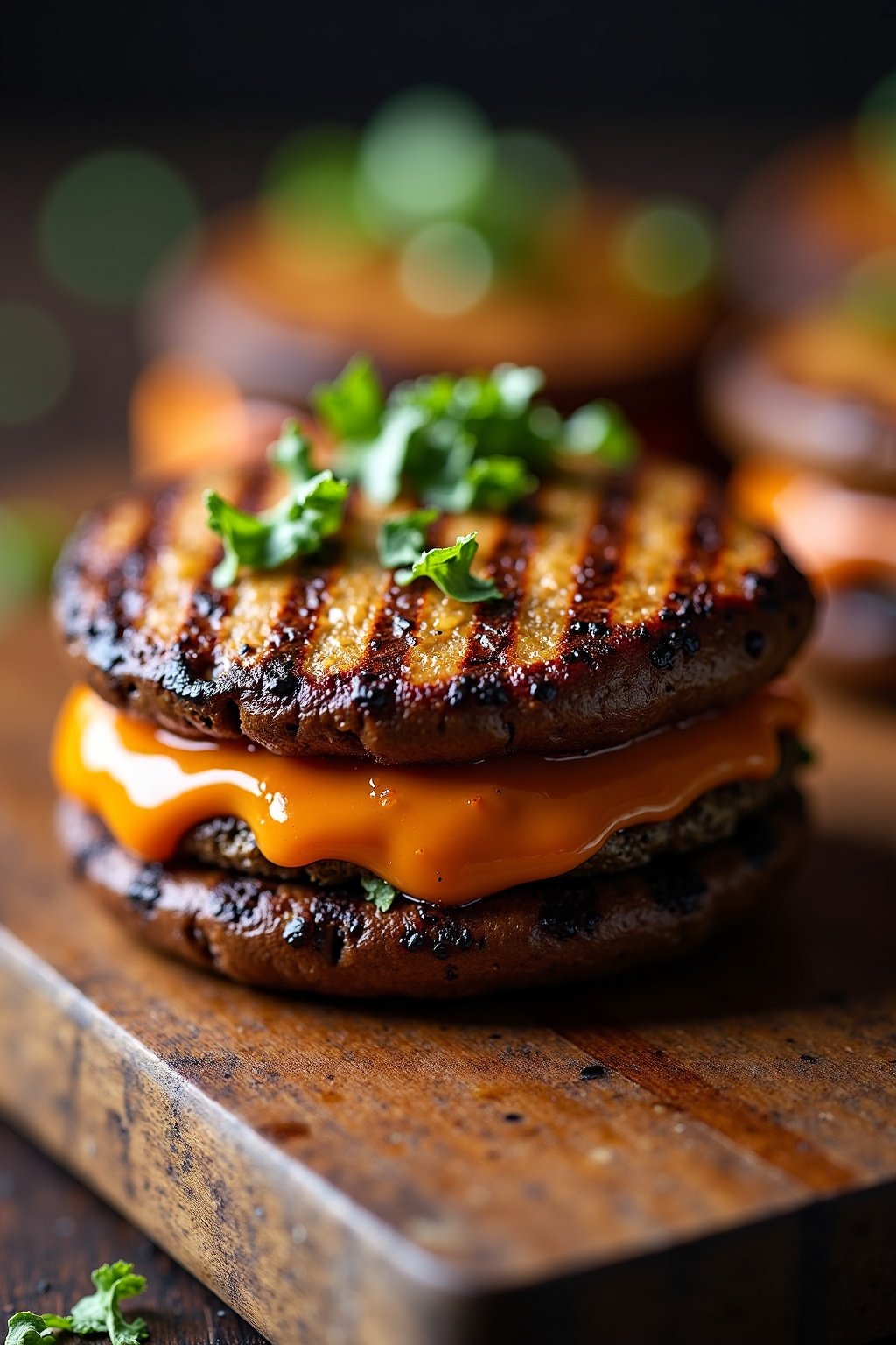 Flavorful grilled portobello burgers cross-section with detailed texture