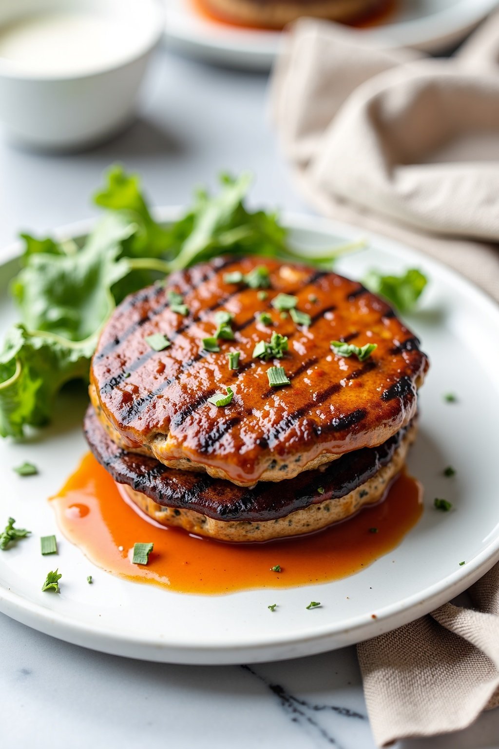 Flavorful grilled portobello burgers on ceramic dish, vibrant textures