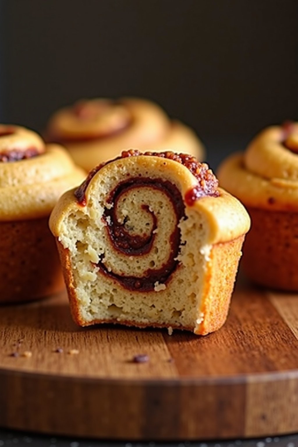 Fluffy cinnamon roll muffins cross-section showing inside texture
