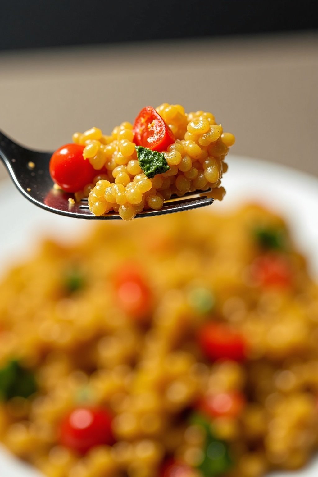 Fluffy Quinoa and Vegetable Stir-Fry perfect bite on a fork, max 125 chars