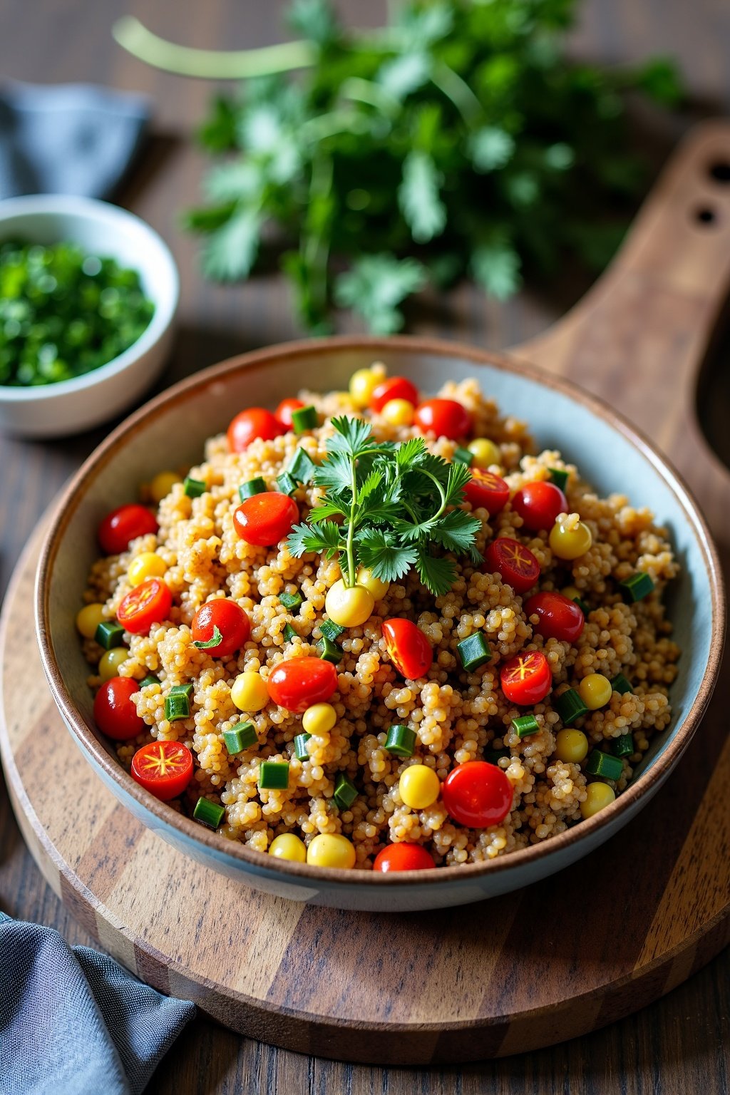 Fluffy Quinoa and Vegetable Stir-Fry on rustic plate with herbs, max 125 chars