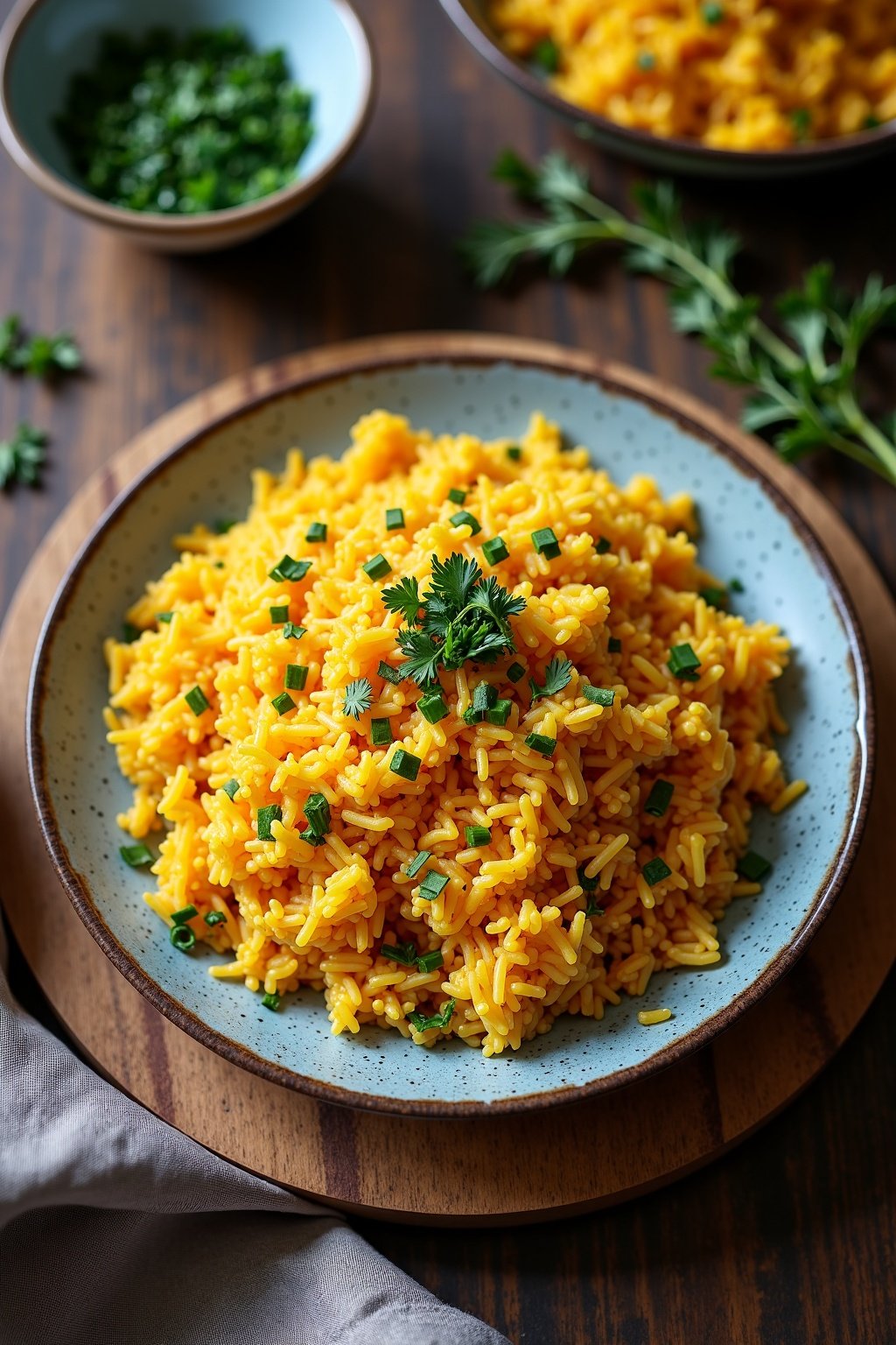 Fragrant saffron and cardamom rice pilaf served on a rustic plate, garnished with fresh herbs.