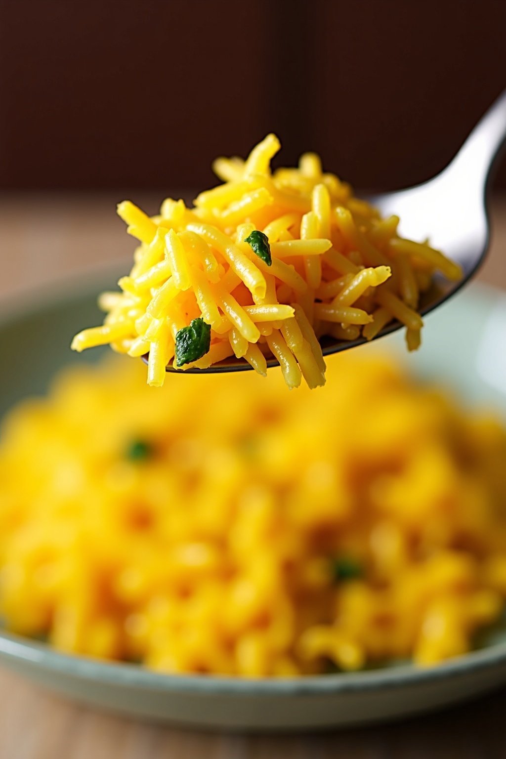 Fragrant saffron and cardamom rice pilaf close-up detail, showcasing its vibrant colors and textures.