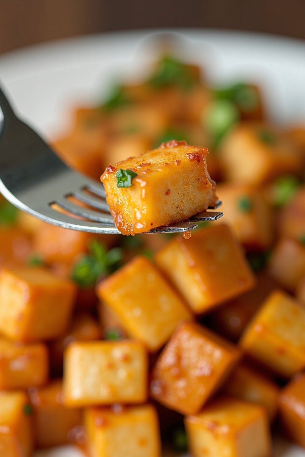 Garlic ginger tofu stir fry recipe perfect bite on a fork, detailed texture