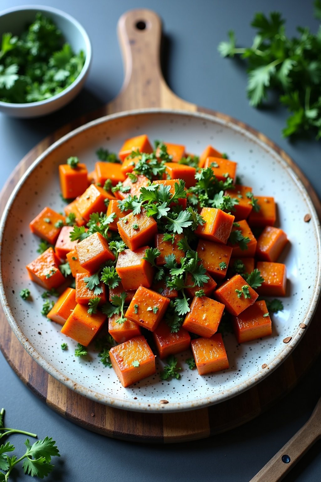 Garlic ginger tofu stir fry recipe on rustic ceramic plate, vibrant herbs