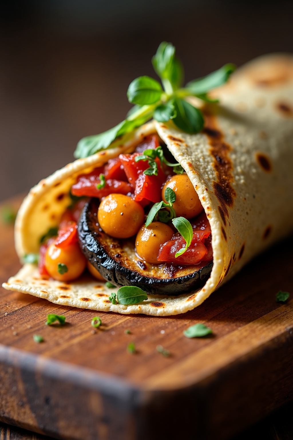 grilled chickpea and eggplant wrap cross-section, detailed texture