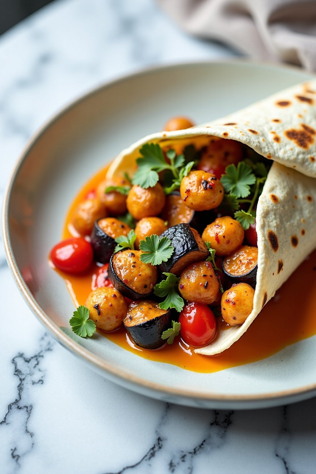 grilled chickpea and eggplant wrap on ceramic dish, vibrant textures