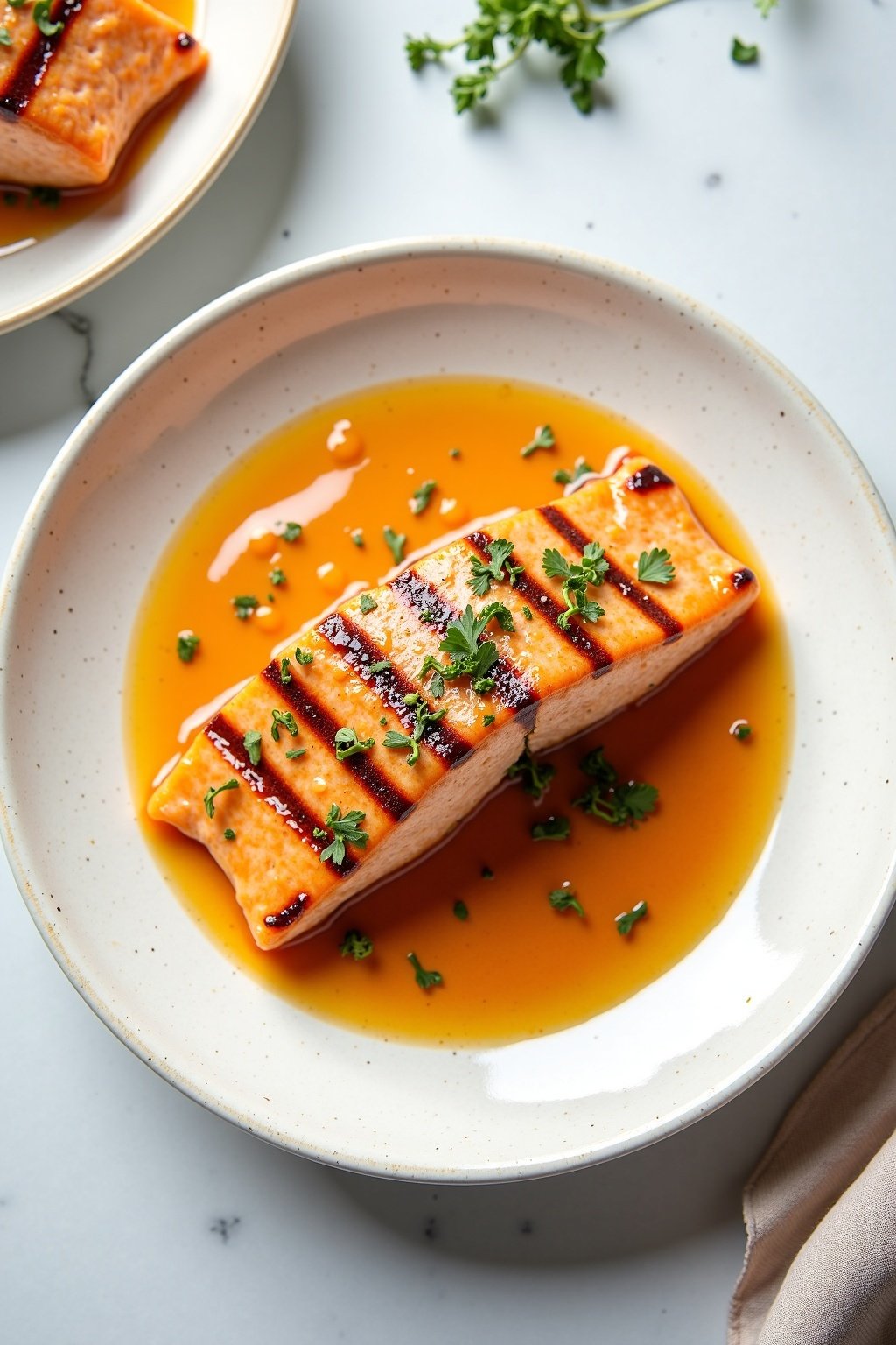 Grilled citrus herb salmon fillet on ceramic dish with vibrant herbs