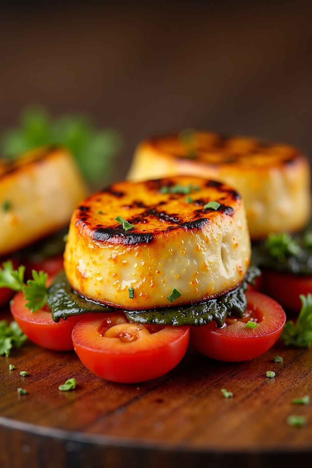 Grilled Halloumi with Charred Vegetables cross-section, detailed texture