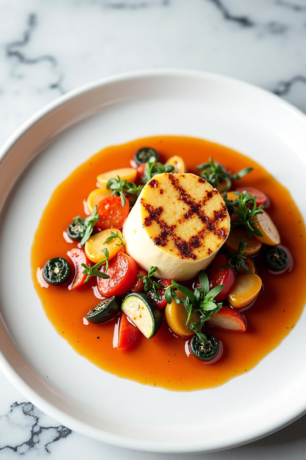 Grilled Halloumi with Charred Vegetables on ceramic dish, vibrant textures