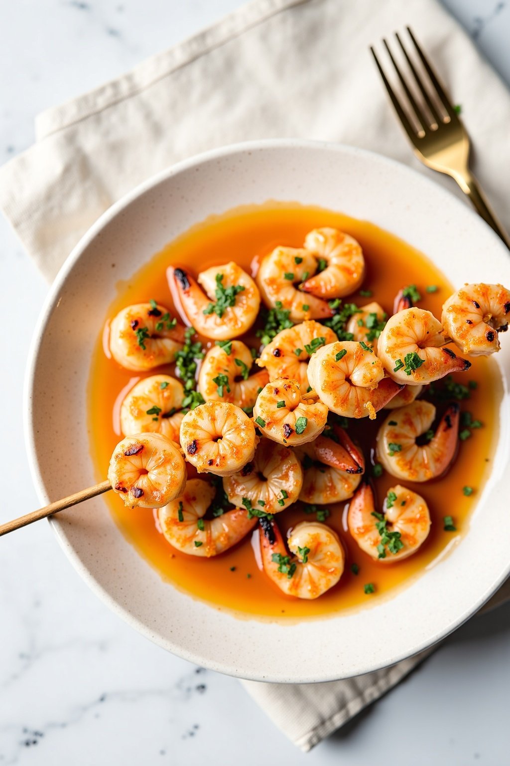 Grilled Lemon Herb Shrimp Skewers on ceramic dish with vibrant textures