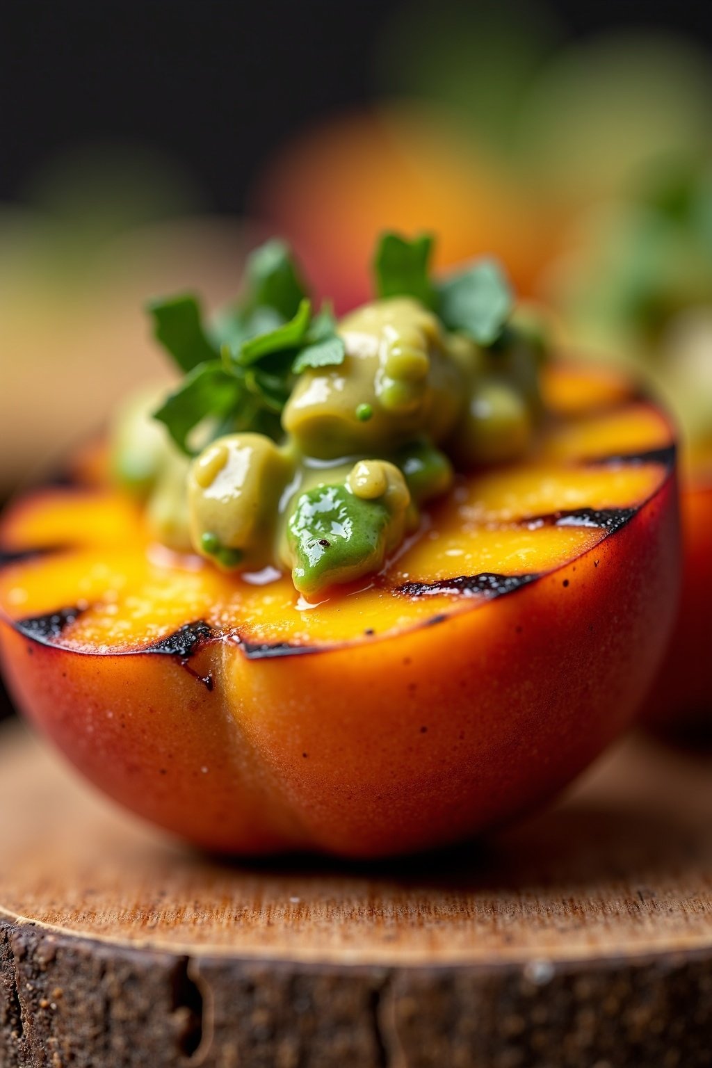 Grilled Peach and Avocado Salsa cross-section, detailed textures