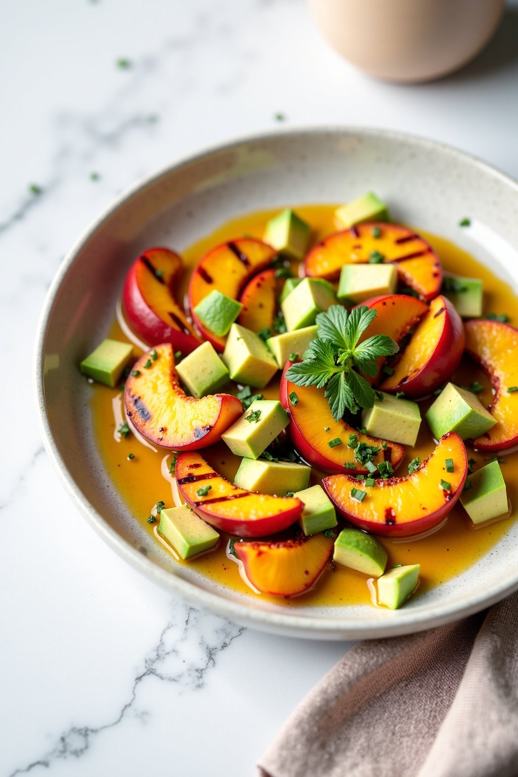 Grilled Peach and Avocado Salsa on ceramic dish, vibrant textures