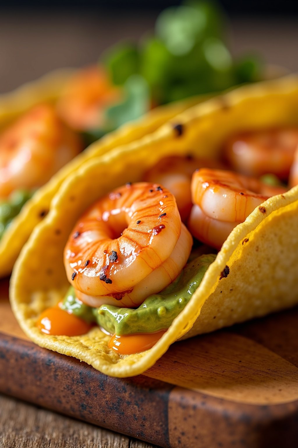 Grilled Shrimp Tacos with Avocado Crema cross-section, detailed texture