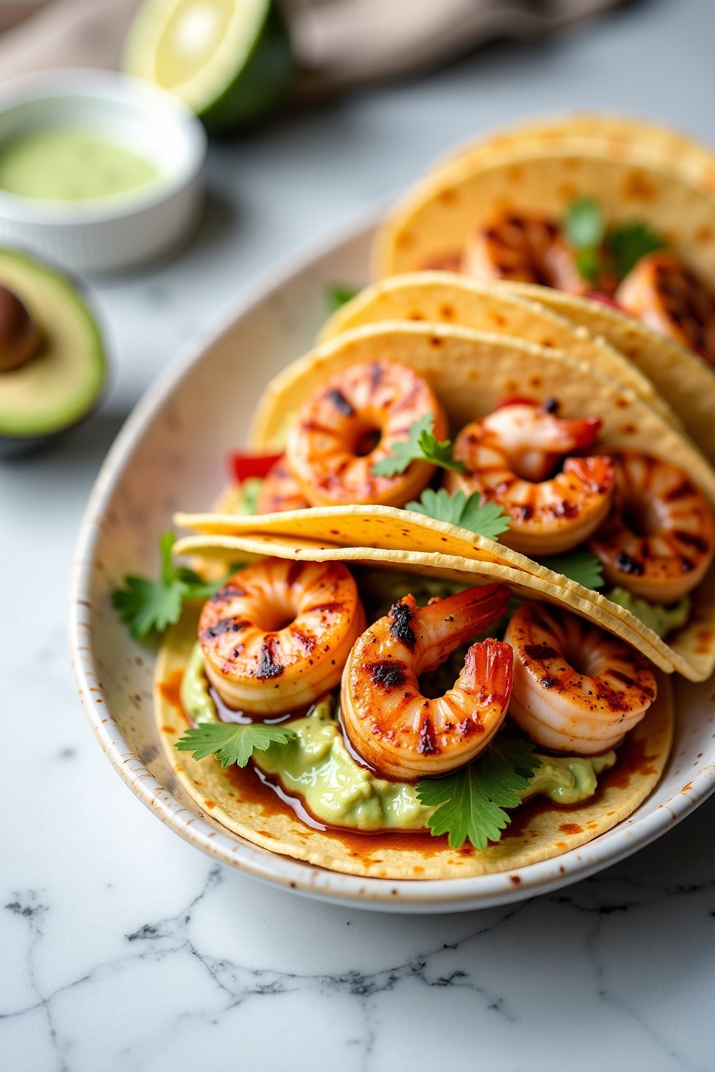 Grilled Shrimp Tacos with Avocado Crema on ceramic dish, vibrant textures