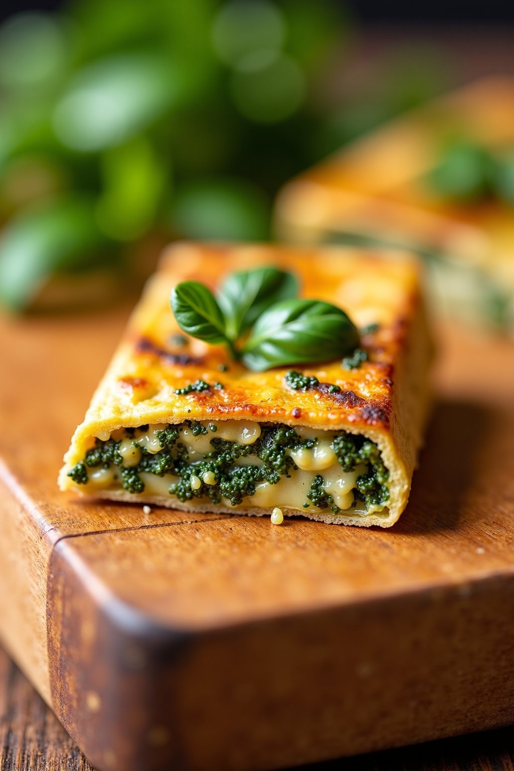 Grilled Vegetable Flatbread with Basil Pesto cross-section, detailed texture