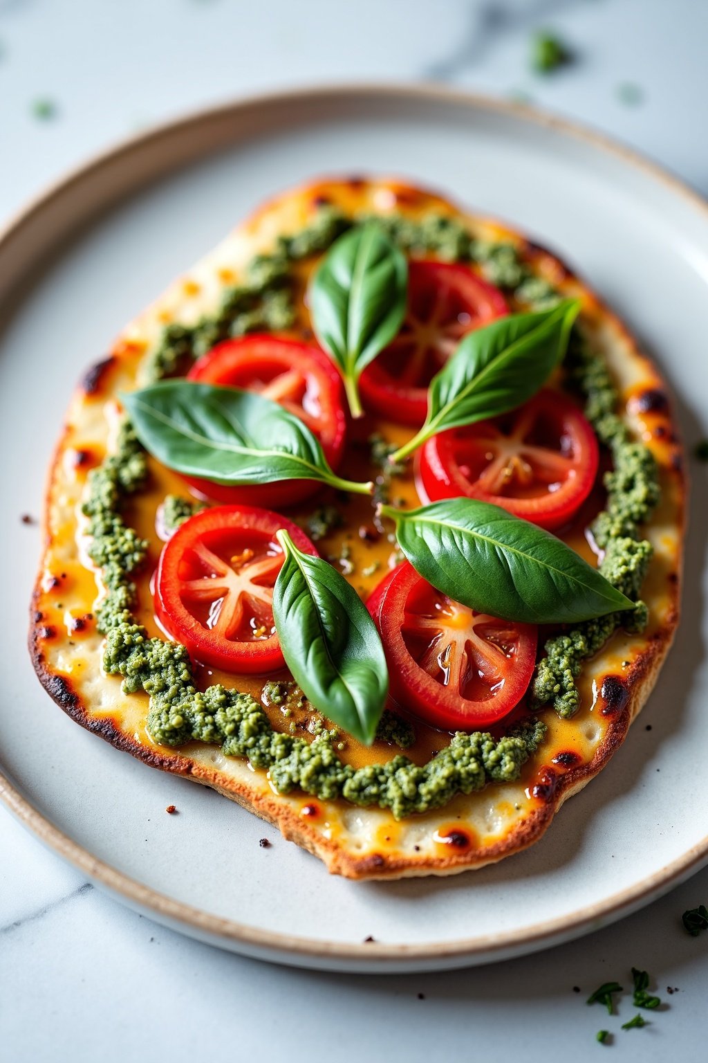 Grilled Vegetable Flatbread with Basil Pesto on ceramic dish, vibrant textures