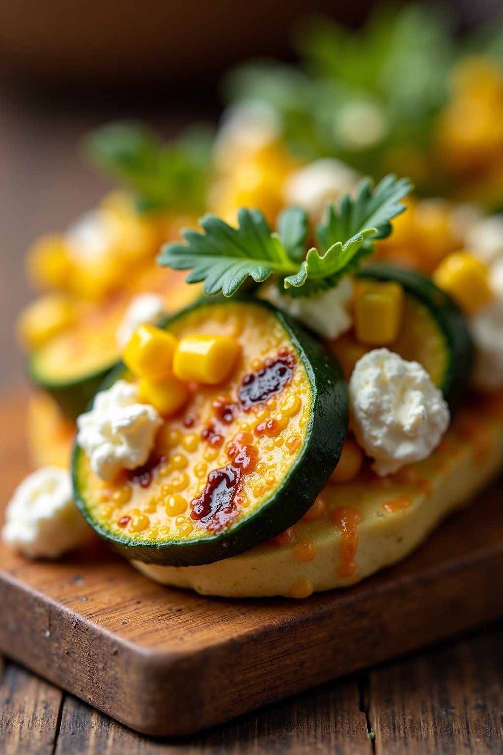 Grilled Zucchini and Corn Salad with Feta cross-section, detailed textures