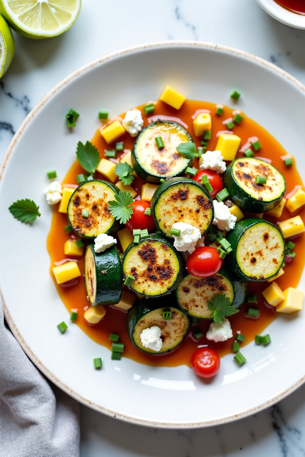 Grilled Zucchini and Corn Salad with Feta on ceramic dish, vibrant textures