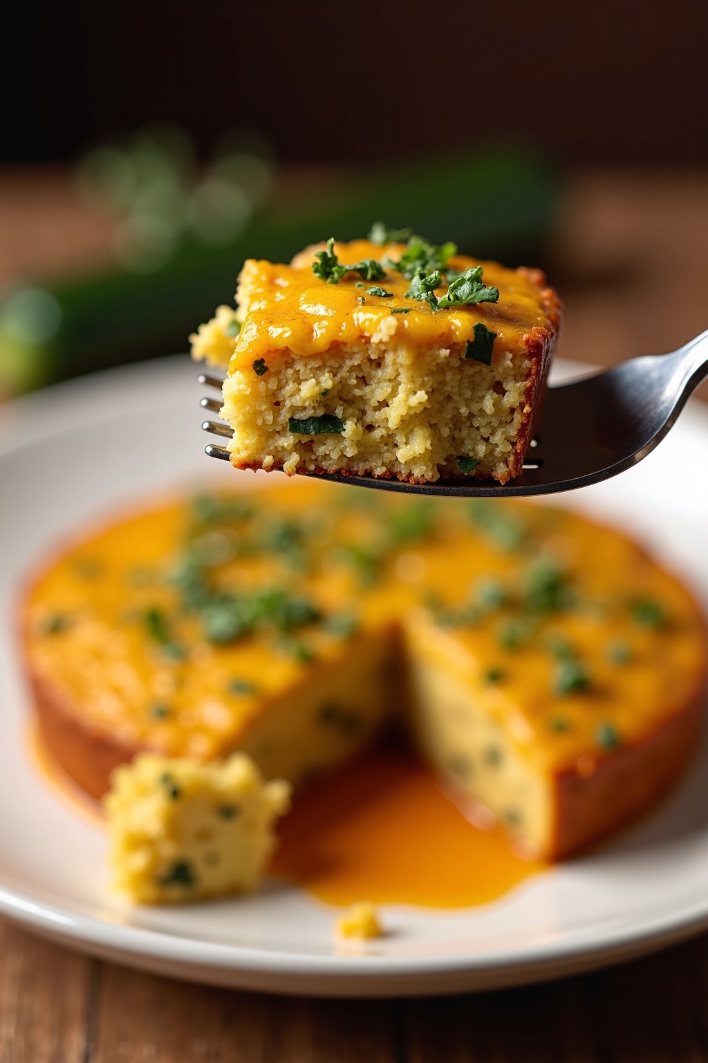 Healthy Zucchini bread perfect bite on a fork, max 125 chars