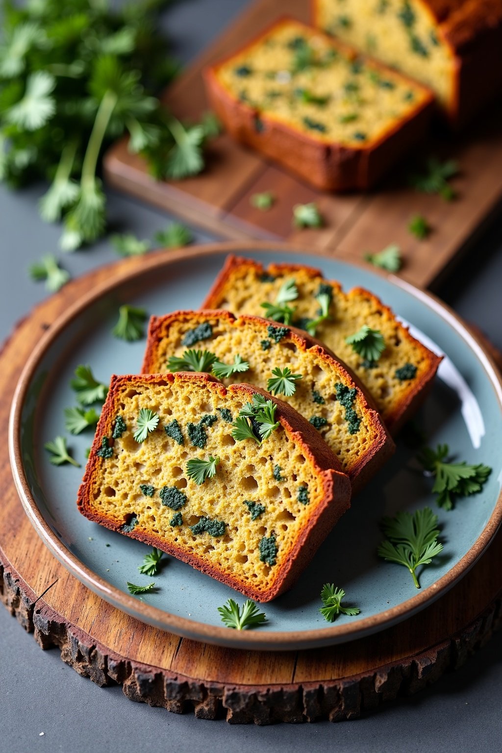 Healthy Zucchini bread on a rustic plate with fresh herbs, max 125 chars