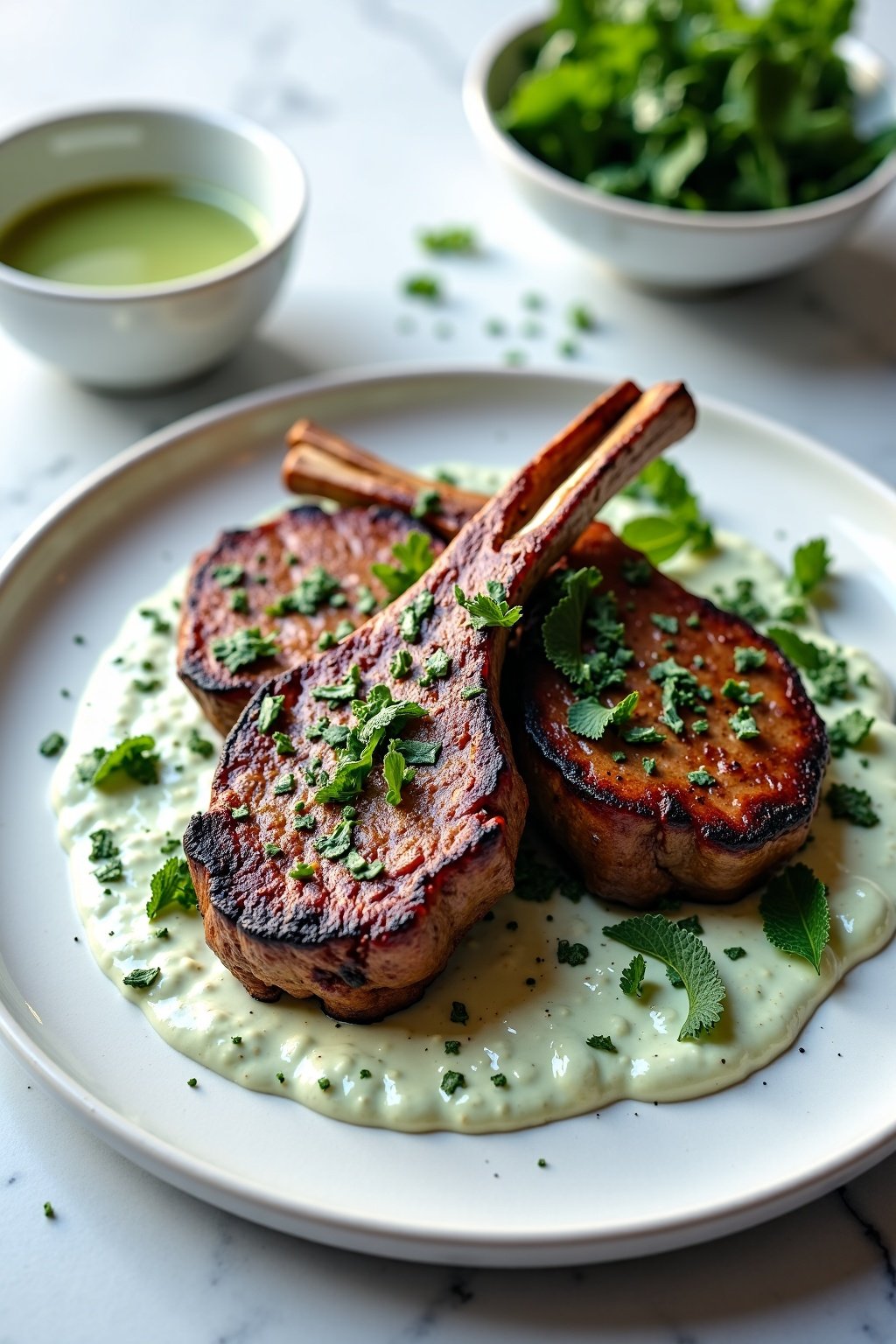 Herb Infused Grilled Lamb Chops with Mint Yogurt Sauce on white marble, max 125 chars