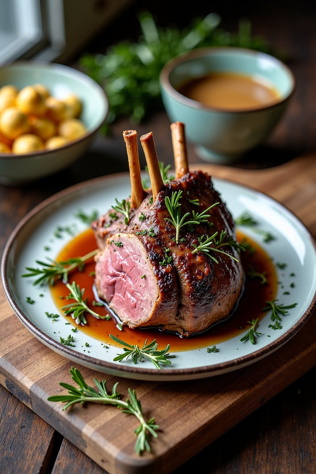 Herb Roasted Leg of Lamb with Garlic and Rosemary on rustic plate, max 125 chars