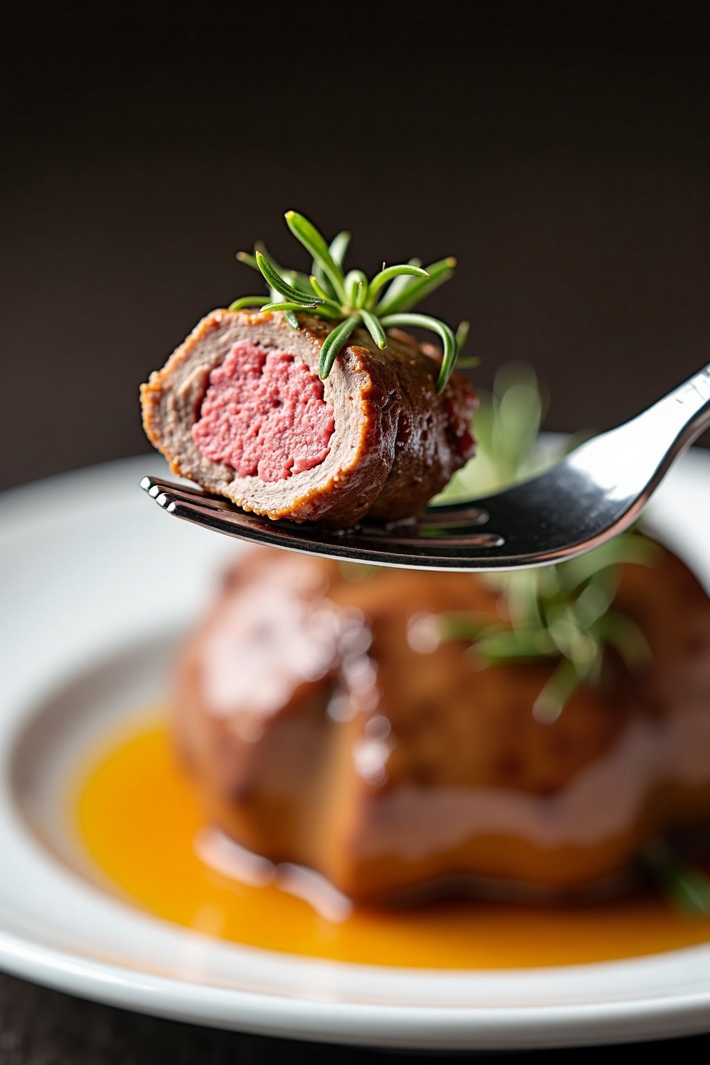 Herb Roasted Leg of Lamb with Garlic and Rosemary perfect bite on a fork, max 125 chars