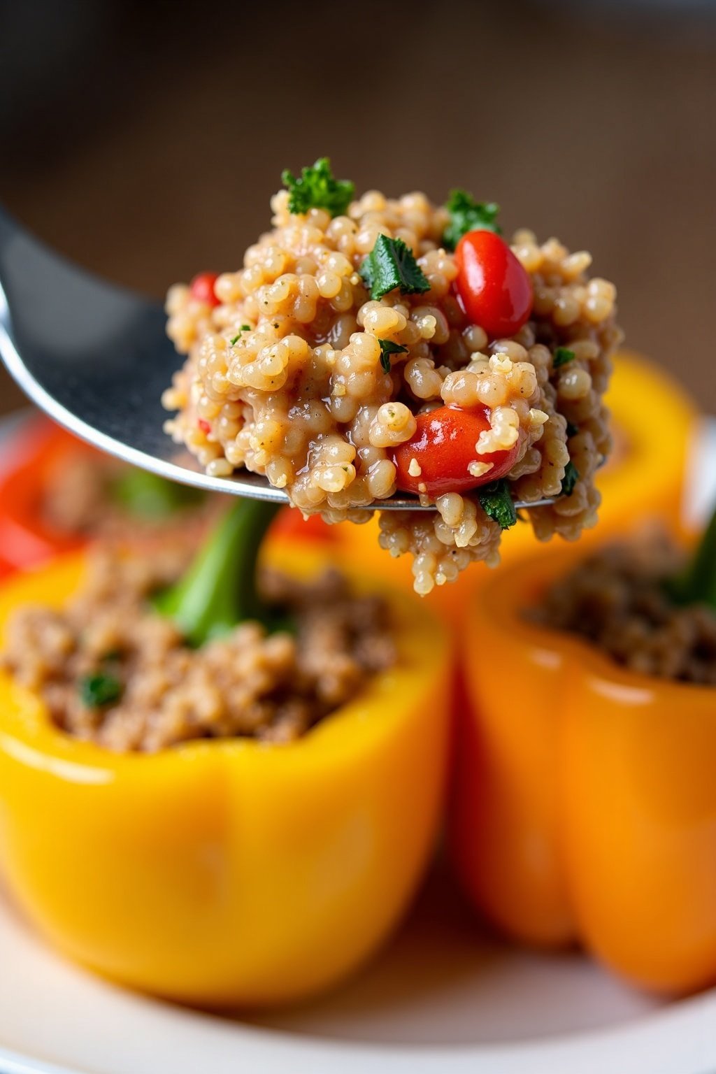 Herbed quinoa stuffed bell peppers perfect bite on a fork, vibrant close-up