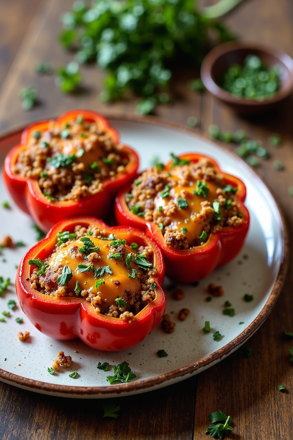 Herbed quinoa stuffed bell peppers on rustic plate with fresh herbs