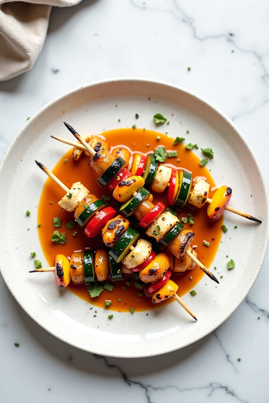 Herby Grilled Vegetable Skewers on a ceramic dish, vibrant herbs